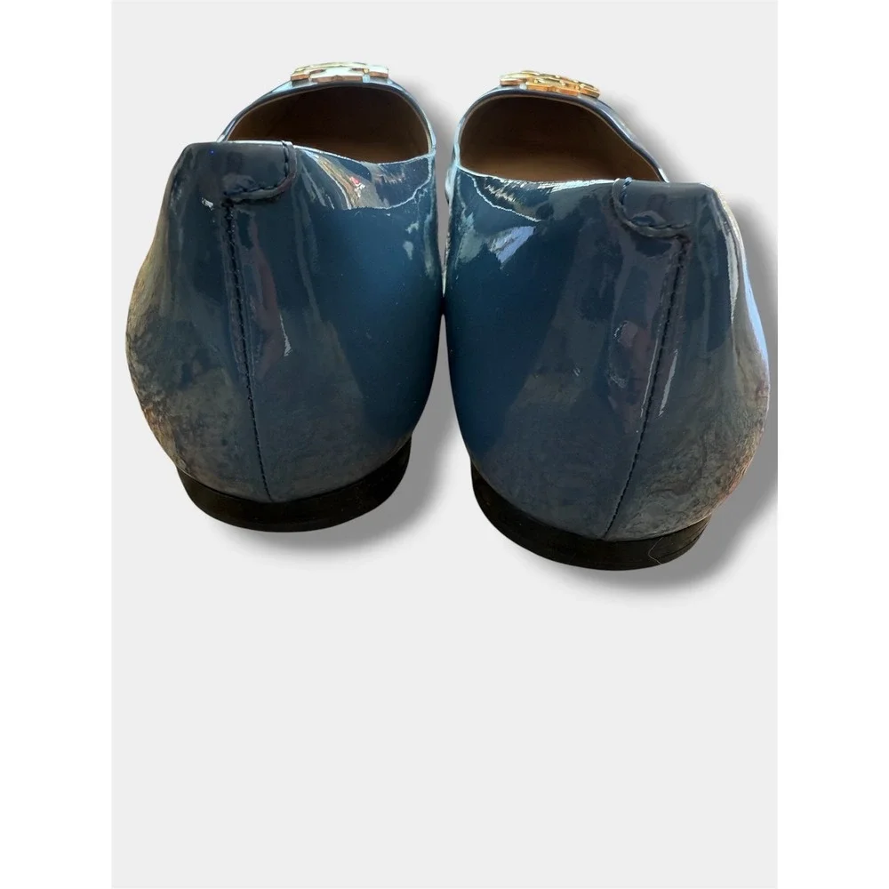 Tory Burch Reva Ballet Flats sz 7M Blue Patent Leather Gold Logo‎ Medallion Good